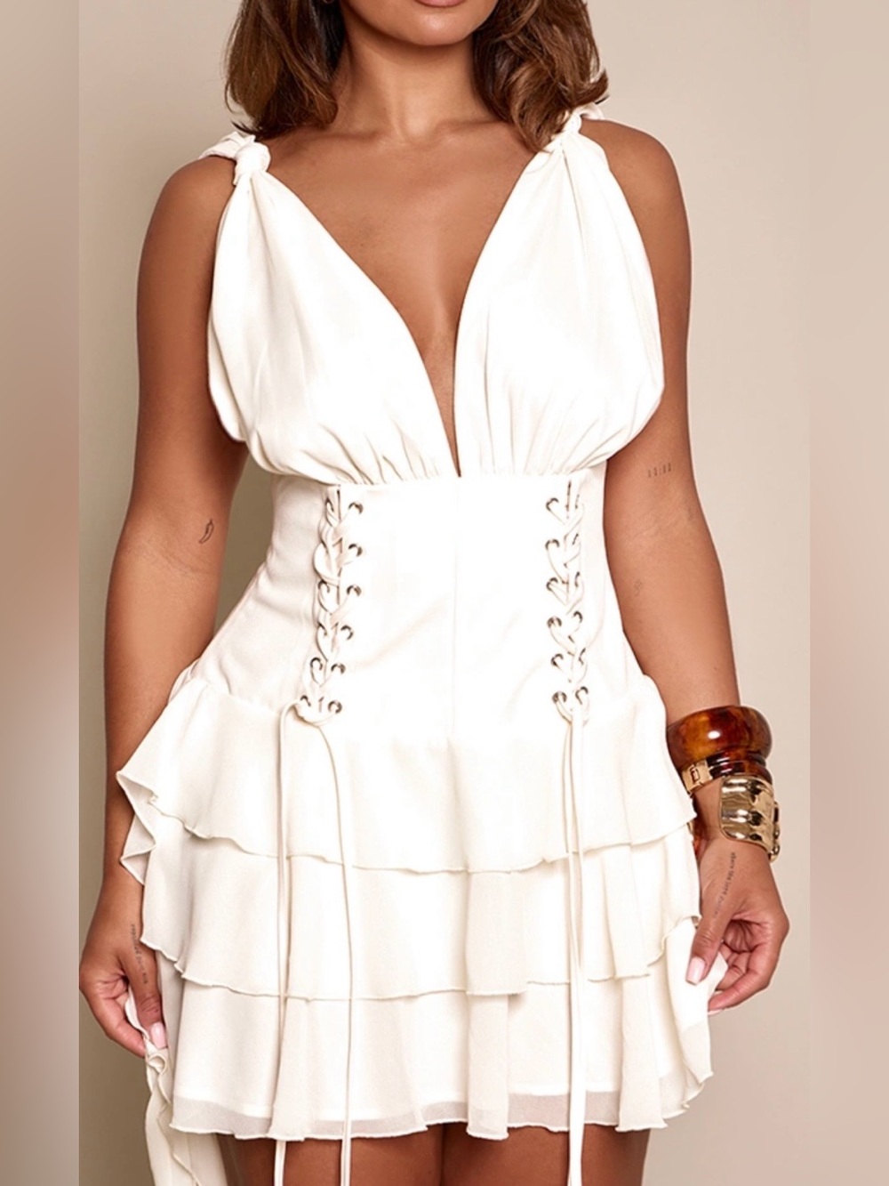 CREAM MESH CORSET FRILL HEM MINI DRESS